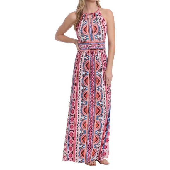 NEW LONDON TIMES morris geometric maxi dress in white/pink - Picture 2 of 3